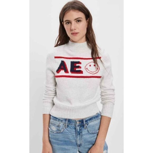 American Eagle Womens XS Smiley Graphic Mockneck Sweater - Picture 1 of 8